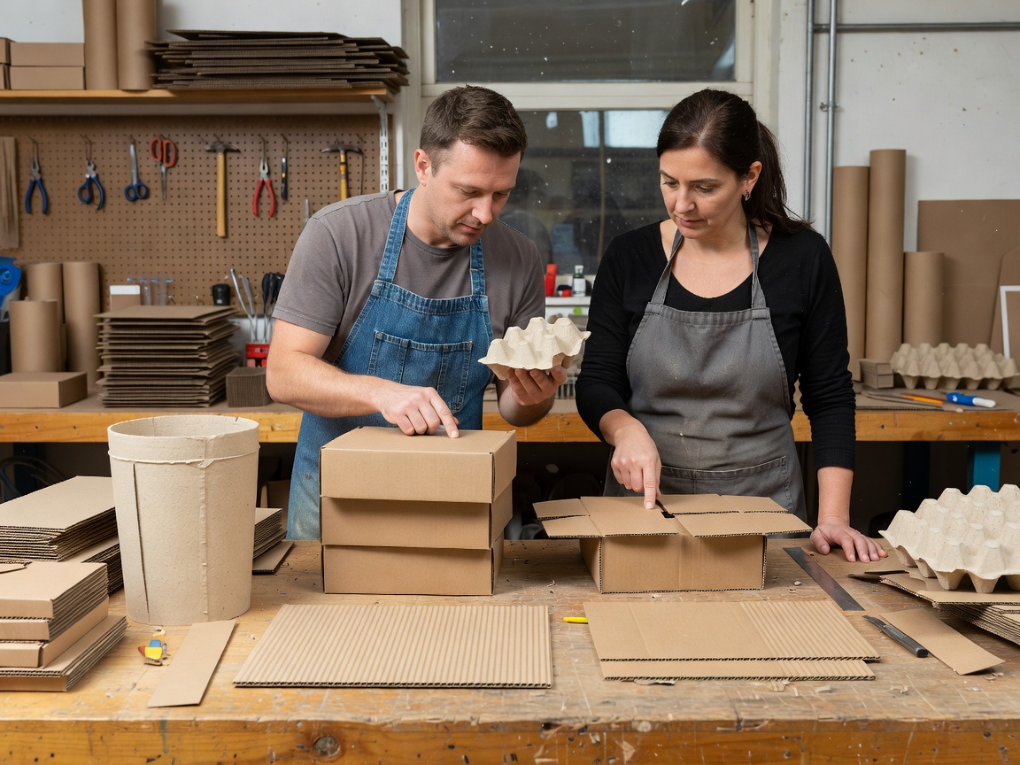 Two product designers reviewing corrugated and moulded pulp pack prototypes on a workshop table