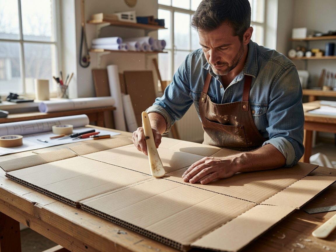 A packaging designer scoring fold lines on a flat corrugated box blank with a bone folder in a daylight studio