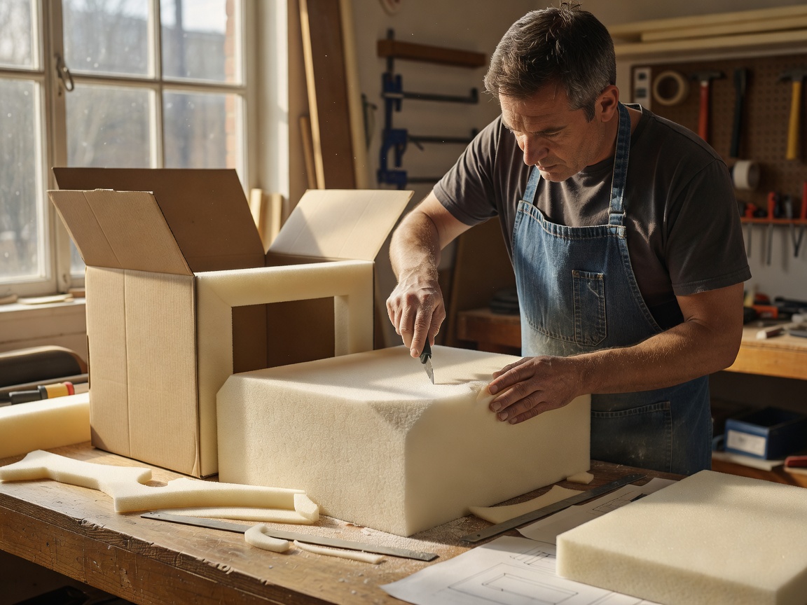 A product designer cutting a polyethylene foam corner block to fit a boxed speaker in a sunlit workshop