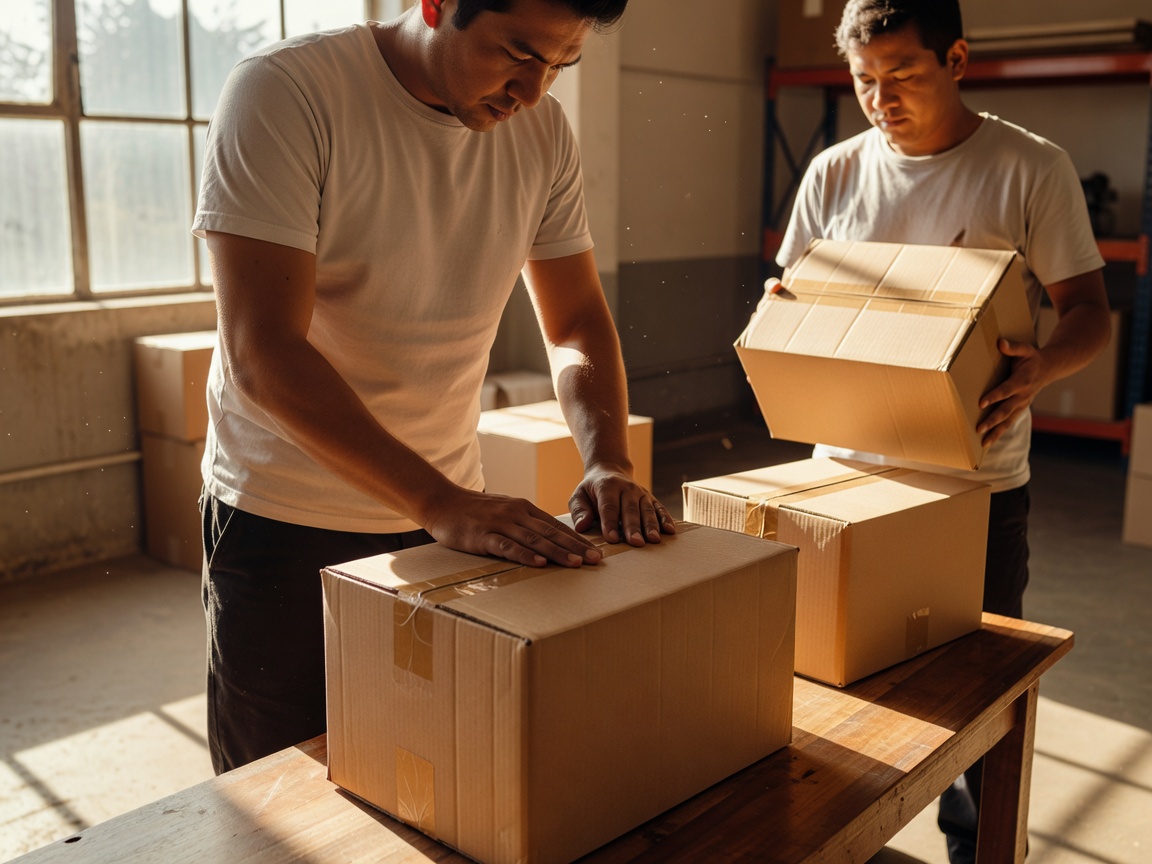 A dispatch packer pressing down the taped seam of a finished carton by a sunny window