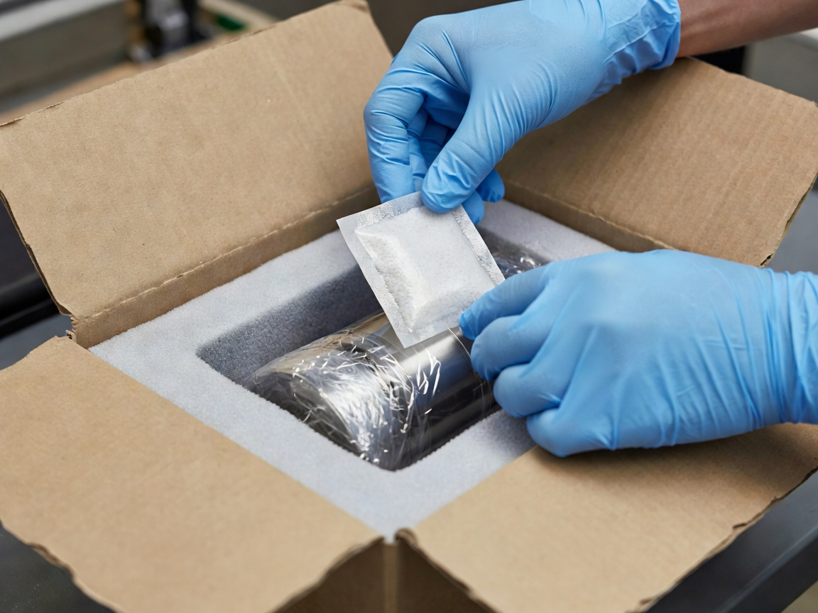 A technician placing a desiccant sachet beside a wrapped metal component inside a lined carton