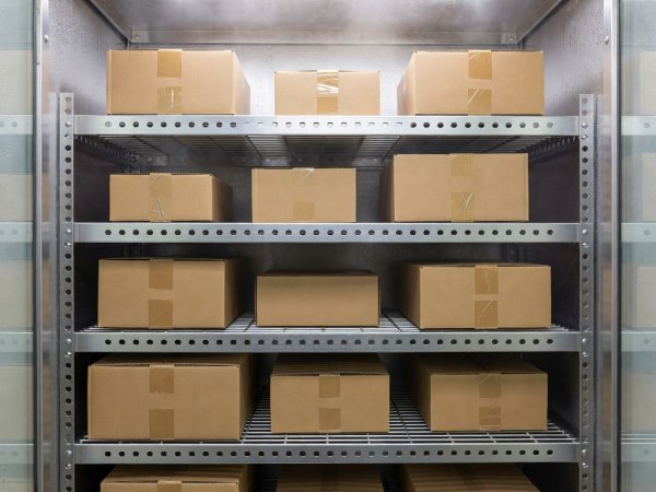 Cartons resting inside a humidity conditioning cabinet before testing