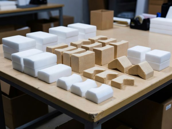 Foam and moulded pulp corner blocks laid out on a packing bench