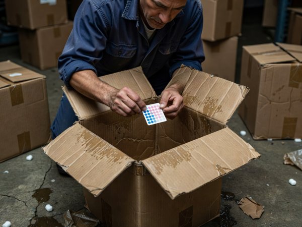 A worker checking a humidity indicator card taped inside an open carton