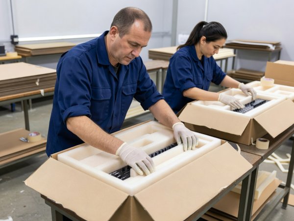 A packer adjusting a foam suspension tray around a boxed instrument