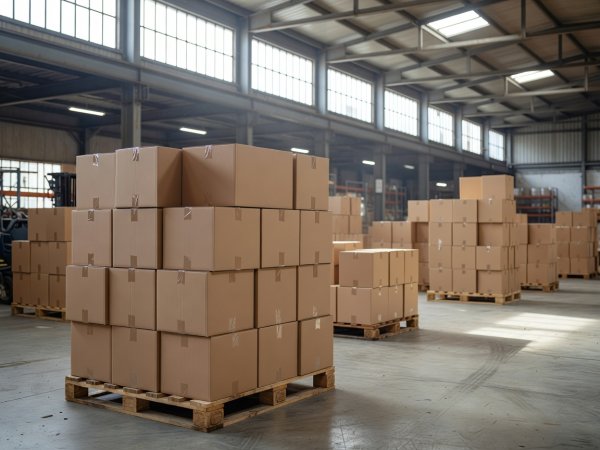 Stacked shipping cartons on a pallet in a naturally lit warehouse