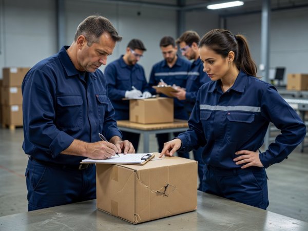 Two dispatch staff recording drop test results on a clipboard beside a test parcel