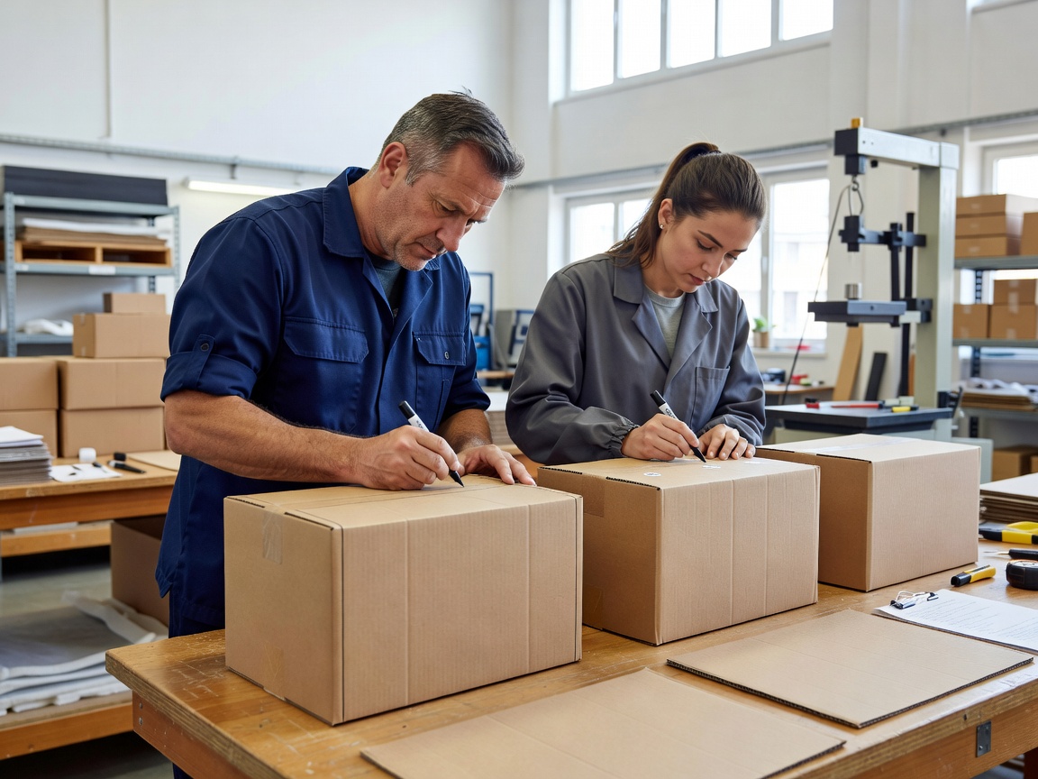 Two team members marking faces, edges and corners on test parcels before a drop sequence in a bright workshop